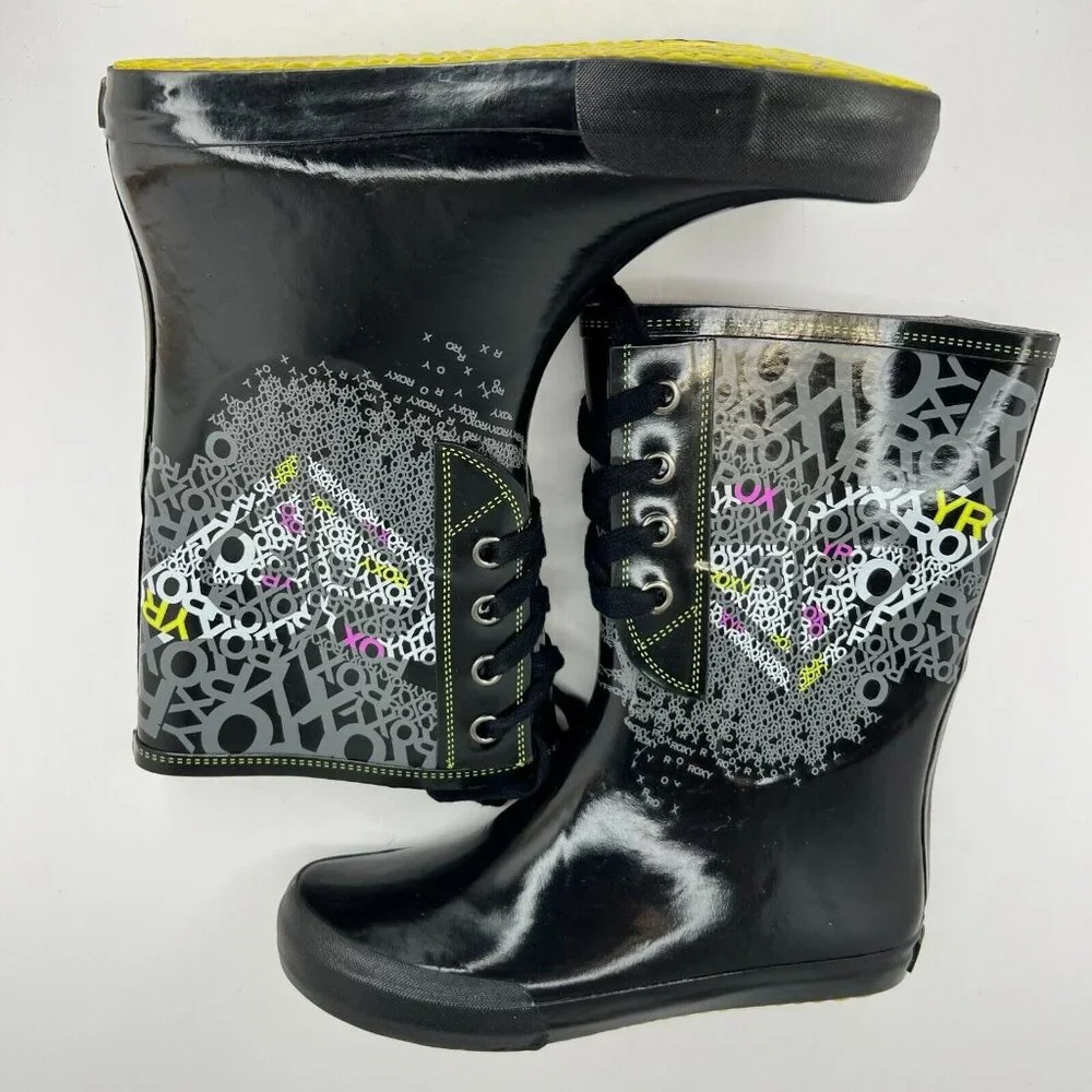 Roxy Womens Drizzle Black Lace Up Rubber Mid Calf Slip On Size 7 Rain Boots